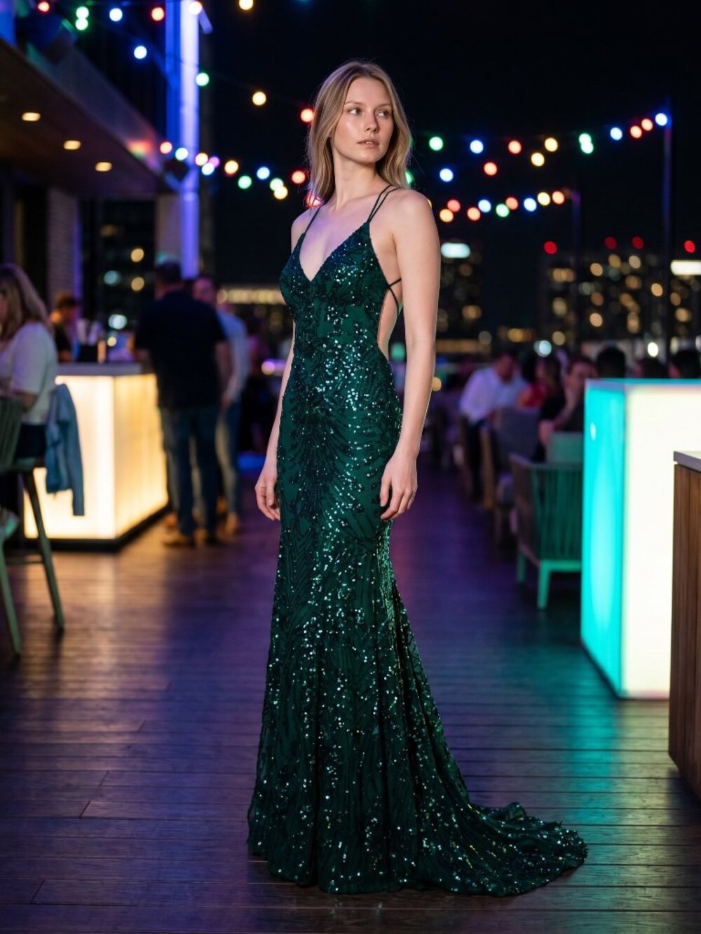 NWT Lulus Emerald Green Sequin Plunging V-Neck Evening Gown Dress L